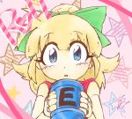  1girl android bangs blonde_hair blue_eyes blush bow capcom character_name child e-tank hair_bow hair_ornament heart high_ponytail highres holding long_hair looking_at_viewer ponytail rockman rockman_(classic) roll solo star text 