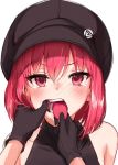  ariaria_(netsuki) badge bangs bare_shoulders black_gloves black_hat blush button_badge cabbie_hat collarbone eyebrows_visible_through_hair fangs gloves hat looking_at_viewer miruto_netsuki nose_blush original out_of_frame pink_eyes pink_hair pov pov_hands simple_background sleeveless solo_focus tearing_up tears teeth tongue tongue_grab tongue_out tsurime upper_body v-shaped_eyebrows white_background 