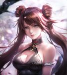  absurdres arm_strap bangs bare_shoulders black_eyes blurry blurry_background breasts brown_hair choker cleavage collarbone day dungeon_and_fighter fighter_(dungeon_and_fighter) flute_(artist) hair_ornament halterneck highres large_breasts lips long_hair looking_at_viewer nen_master_(dungeon_and_fighter) outdoors parted_lips petals solo tree twintails upper_body wind 