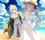  ball beachball bikini blue_bikini blue_eyes blue_sky breasts cleavage cloud coat crab day fate/grand_order fate_(series) flame_print hat holding holding_ball holding_hands inaeda_kei kiyohime_(fate/grand_order) kiyohime_(swimsuit_lancer)_(fate) looking_at_another marie_antoinette_(fate/grand_order) marie_antoinette_(swimsuit_caster)_(fate) medium_breasts multiple_girls off_shoulder open_clothes open_coat open_mouth red_eyes sand_castle sand_sculpture silver_hair sky sparkle starfish straw_hat swimsuit 