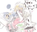  2girls 66ta1yak1 @_@ bare_shoulders blonde_hair blue_eyes blush closed_eyes fate/grand_order fate_(series) gauntlets hat hat_removed headpiece headwear_removed heart hug jeanne_d'arc_(fate) jeanne_d'arc_(fate)_(all) kiss marie_antoinette_(fate/grand_order) multiple_girls red_hat silver_hair sketch sleeveless thought_bubble translation_request twintails white_background yuri 