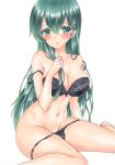  bare_legs bare_shoulders black_bra black_panties blush bra breasts cleavage collarbone commentary_request eyebrows_visible_through_hair feet_out_of_frame green_eyes green_hair groin hair_ornament hairclip hand_on_own_chest kantai_collection large_breasts lingerie long_hair looking_at_viewer marker_(medium) panties panty_pull ren_(endscape20) shiny shiny_hair simple_background sitting solo straight_hair suzuya_(kantai_collection) tareme traditional_media underwear underwear_only very_long_hair wariza white_background 