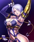  armor armpits breasts commentary_request gauntlets hair_over_one_eye isabella_valentine large_breasts lipstick makeup nyaasora purple_legwear purple_lipstick revealing_clothes short_hair silver_hair solo soulcalibur soulcalibur_vi twitter_username underboob whip whip_sword white_hair 
