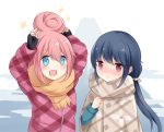  alternate_hairstyle blue_eyes blue_hair blush commentary eyebrows_visible_through_hair fingerless_gloves gloves hair_between_eyes hair_bun hairstyle_switch jacket kagamihara_nadeshiko long_hair long_sleeves multiple_girls nikoo open_mouth pink_hair purple_eyes scarf shima_rin smile yurucamp 