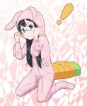  1girl adjusting_eyewear animal_costume animal_ears black_hair blue_eyes bunny_costume bunny_ears carrot commentary_request full_body glasses highres kantai_collection kneeling long_hair long_sleeves looking_at_viewer onesie ooyodo_(kantai_collection) pillow sazanami_konami sidelocks solo 