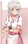  alternate_costume apron azur_lane bangs benten_(ioj3446) blonde_hair blouse blush collarbone commentary_request enterprise_(azur_lane) eyebrows_visible_through_hair green_eyes highres holding holding_pen hornet_(azur_lane) indoors long_hair looking_at_another looking_at_viewer maid_headdress multiple_girls name_tag no_hat no_headwear peeking_out pen purple_eyes short_sleeves silver_hair twintails waist_apron waitress white_blouse writing yorktown_(azur_lane) 