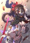  black_hair bodysuit breasts cleavage face_mask fox_mask holding holding_weapon long_hair looking_at_viewer mask medium_breasts ninja ninja_mask original ponytail red_eyes tajima_ryuushi very_long_hair weapon 