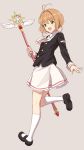  :d brown_hair cardcaptor_sakura green_eyes highres hyuuga_azuri kinomoto_sakura kneehighs kneepits mary_janes open_mouth school_uniform serafuku shoes short_hair skirt smile tomoeda_middle_school_uniform wand white_legwear yume_no_tsue 