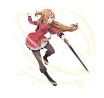  asuna_(sao) black_footwear black_legwear boots brown_eyes brown_hair cross-laced_footwear floating_hair full_body holding holding_sword holding_weapon knee_boots lace-up_boots long_hair miniskirt official_art open_mouth outstretched_arms pantyhose pleated_skirt simple_background skirt solo sword sword_art_online sword_art_online:_code_register very_long_hair weapon white_background white_skirt 