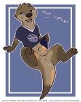  4_toes 5_fingers animal_genitalia anthro anus arin_(letodoesart) balls blue_eyes bottomless clothed clothing dialogue letodoesart looking_at_viewer male mammal mustelid otter partial_nudity presenting presenting_anus sheath shirt spread_legs spreading talking_to_viewer toes 