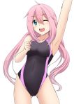  ;d arm_up armpits ass_visible_through_thighs black_swimsuit blue_hair commentary_request contrapposto cowboy_shot fuuma_nagi grey_background hair_between_eyes kagamihara_nadeshiko long_hair one_eye_closed open_mouth pink_hair simple_background smile solo standing swimsuit yurucamp 