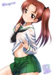  bangs belly_peek blush bow brown_eyes collar_tug collarbone cowboy_shot dated flat_chest girls_und_panzer green_skirt grin hair_bow kadotani_anzu kamogawa_tanuki lifted_by_self long_hair long_sleeves looking_at_viewer neckerchief nipples ooarai_school_uniform parted_bangs pleated_skirt red_hair school_uniform see-through serafuku shiny shiny_hair shirt shirt_lift signature simple_background skirt smile solo twintails twitter_username wet wet_clothes wet_hair wet_shirt wet_skirt white_background 