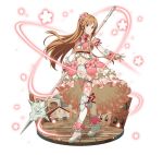  arm_ribbon asuna_(sao) bow bowtie breasts brown_eyes brown_hair faux_figurine floating_hair floral_print flower full_body hair_flower hair_ornament holding holding_weapon layered_skirt long_hair looking_at_viewer medium_breasts midriff navel official_art pink_flower polearm red_bow red_neckwear red_ribbon ribbon simple_background smile solo standing stomach sword_art_online sword_art_online:_code_register thigh_strap thighhighs very_long_hair weapon white_background 