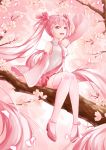  absurdres ahoge arm_up cherry_blossoms detached_sleeves hatsune_miku highres ichigo_mayonnaise in_tree long_hair necktie open_mouth pink_eyes pink_hair sakura_miku sitting sitting_in_tree skirt solo thighhighs tree twintails very_long_hair vocaloid 
