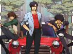  black_hair black_jacket black_pants blazer blue_jacket brown_hair car cigarette city_hunter collared_shirt commentary_request cowboy_bebop cropped crossover facial_hair goatee green_shirt ground_vehicle hand_in_pocket hand_on_hip jacket kaburagi_t_kotetsu knee_up leaning_on_object looking_at_viewer male_focus mini_cooper motor_vehicle multiple_boys necktie nira_(niratoro) on_vehicle open_clothes open_jacket outdoors pants red_shirt saddle_shoes saeba_ryou shirt shoes sitting sleeves_folded_up smile spike_spiegel standing tiger_&amp;_bunny tree vest watch wristwatch yellow_shirt 