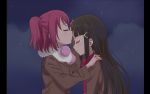  black_hair blush closed_eyes commentary_request forehead_kiss from_side fur_trim hair_ornament hairclip kiss kurosawa_dia kurosawa_ruby long_hair long_sleeves love_live! love_live!_sunshine!! medium_hair multiple_girls night night_sky pink_hair pom_pom_(clothes) red_scarf ru_yue_kong scarf siblings sisters sky smile star_(sky) tearing_up two_side_up upper_body 