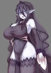  1girl banshee_(monster_girl_encyclopedia) bare_shoulders black_hair black_legwear blue_eyes breasts commentary covered_navel detached_sleeves eyebrows_visible_through_hair fur-trimmed_sleeves fur_trim hair_between_eyes hand_on_own_chest highres huge_breasts lipstick long_hair looking_at_viewer makeup monster_girl_encyclopedia nav no_panties parted_lips pelvic_curtain pointy_ears purple_lipstick runny_makeup see-through solo thick_thighs thighhighs thighs veil very_long_hair white_skin wide_sleeves 