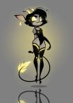  2018 4_fingers anthro armwear black_hair breasts cleavage clothed clothing elbow_gloves female floating fur gloves glowing glowing_eyes glowing_nipples grey_fur hair horn imp legwear leotard long_tail nipples schmuccubus short_hair solo standing succubus thigh_highs white_eyes yellow_sclera 