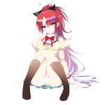  absurdres bad_id bad_pixiv_id bangs black_bow boots bow breasts brown_legwear commentary eyebrows_visible_through_hair full_body gradient_hair hair_between_eyes hair_bow highres juliet_sleeves knee_boots knees_together_feet_apart long_hair long_sleeves looking_at_viewer mahou_shoujo_madoka_magica misteor mitakihara_school_uniform multicolored multicolored_eyes multicolored_hair panties pantyshot pantyshot_(sitting) puffy_sleeves red_bow sakura_kyouko school_uniform sitting small_breasts solo thigh_gap underwear white_background white_panties wide_ponytail 