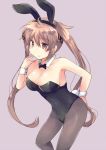  animal_ears black_leotard blush breasts bunny_tail bunnysuit cleavage collarbone detached_collar eyebrows_visible_through_hair fake_animal_ears grey_background hair_flaps hand_to_own_mouth hirune_(konekonelkk) kantai_collection large_breasts leaning_forward leotard light_brown_hair long_hair looking_at_viewer murasame_(kantai_collection) pantyhose simple_background smile solo tail twintails very_long_hair wrist_cuffs 