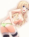  absurdres ass bangs blonde_hair blush breasts eyebrows_visible_through_hair from_behind green_panties hair_between_eyes hair_censor hair_over_breasts hair_ribbon hair_tie high_school_fleet highres kapatarou leaning_forward legs_apart long_hair looking_at_viewer looking_back medium_breasts open_mouth panties panty_pull pulled_by_self ribbon solo standing striped striped_legwear thighhighs topless underwear underwear_only undressing wilhelmina_braunschweig_ingenohl_friedeburg 