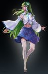  blue_skirt crop_top detached_sleeves frilled_skirt frills frog_hair_ornament full_body green_eyes green_hair hair_ornament hair_tubes highres kochiya_sanae long_hair looking_to_the_side midriff navel nontraditional_miko sarashi sarena shirt skirt snake_hair_ornament solo star stomach thighhighs touhou very_long_hair white_legwear white_shirt wide_sleeves 