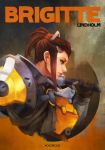  absurdres armor artist_name brigitte_(overwatch) brown_hair character_name commentary freckles from_side highres looking_to_the_side monori_rogue over_shoulder overwatch ponytail solo upper_body weapon weapon_over_shoulder 
