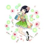  black_hair blue_eyes dango floral_print flower food full_body green_hakama hair_flower hair_ornament hakama hakama_skirt holding holding_food japanese_clothes kimono official_art pink_flower premiere_(sao) short_hair simple_background socks solo sword_art_online sword_art_online:_code_register wagashi white_background white_legwear 