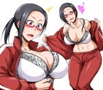  black_hair blush breasts collarbone demi-chan_wa_kataritai heart huge_breasts inconvenient_breasts jacket kimura_naoki long_hair multiple_views navel nose_blush open_clothes open_jacket pants ponytail purple_eyes red_jacket red_pants red_track_suit satou_sakie sweat track_jacket track_suit zipper_pull_tab 