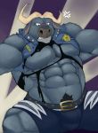  2016 abs anthro belt biceps big_muscles blush body_hair bovine brown_eyes buffalo bulge cape_buffalo chief_bogo clothed clothing disney embarrassed fur grey_fur happy_trail hi_res horn male mammal muscular open_shirt pecs police police_uniform shirt solo thedragonred12 torn_clothing torn_shirt underwear uniform zootopia zootopia_shorts 