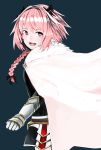  :d absurdres aqua_background astolfo_(fate) bangs black_bow black_dress bow braid cloak commentary cowboy_shot dress fang fate/apocrypha fate_(series) faulds from_side fur-trimmed_cloak fur_collar gauntlets hair_bow hair_intakes highres long_hair long_sleeves looking_at_viewer looking_to_the_side male_focus multicolored_hair nan_(nan_toka15) open_mouth otoko_no_ko pink_hair purple_eyes shiny shiny_hair short_dress simple_background single_braid smile solo standing streaked_hair two-tone_hair white_cloak white_hair 