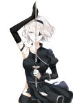  bare_shoulders blindfold breasts elbow_gloves gloves holding holding_sword holding_weapon katana left-handed medium_breasts nier_(series) nier_automata shaokao_range short_hair solo split_theme sword weapon white_background white_hair yorha_no._2_type_b yorha_type_a_no._2 