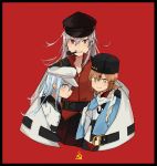  annin_musou black_border black_hat black_sailor_collar black_skirt blue_eyes border brown_eyes commentary_request facial_scar flat_cap gangut_(kantai_collection) grey_hair grin hair_ornament hairclip hammer_and_sickle hat hibiki_(kantai_collection) highres kantai_collection long_hair looking_at_viewer mouth_hold multiple_girls peaked_cap pipe red_background red_eyes red_shirt sailor_collar scar scar_on_cheek school_uniform serafuku shirt silver_hair simple_background skirt smile tashkent_(kantai_collection) verniy_(kantai_collection) 