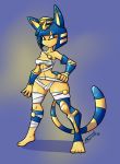  2018 4_ties 5_fingers animal_crossing ankha anthro armband bandage blue_hair breasts capcom cat cosplay digital_media_(artwork) dot_eyes egyptian fbende feline female hair hand_on_hip looking_at_viewer mammal menat_(street_fighter) navel nintendo pose short_hair simple_background solo standing street_fighter striped_tail stripes under_boob video_games 