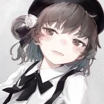  :d bangs beret blouse blush brown_eyes brown_hair bute_(butegram) dutch_angle eyebrows_visible_through_hair fangs hat hatoba_tsugu hatoba_tsugu_(character) highres looking_at_viewer mole mole_under_eye open_mouth smile solo suspenders upper_body virtual_youtuber white_blouse 