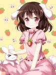  &gt;_&lt; :3 animal_ears brown_hair bunny bunny_ears bunny_tail carrot carrot_necklace dress eyebrows_visible_through_hair floppy_ears highres inaba inaba_tewi looking_at_viewer medium_hair petting pink_dress red_eyes ribbon-trimmed_dress ruu_(tksymkw) sitting smile solo tail touhou x3 