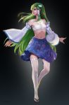  bare_shoulders blue_skirt breasts detached_sleeves frilled_skirt frills frog_hair_ornament full_body green_eyes green_hair hair_ornament hair_tubes highres kochiya_sanae long_hair looking_to_the_side navel nontraditional_miko sarashi sarena skirt small_breasts snake_hair_ornament solo star stomach thighhighs touhou very_long_hair white_legwear wide_sleeves 