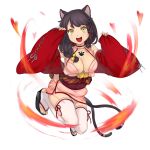  animal_ears bell braid breasts cat_ears cat_tail chest_tattoo fire full_body hair_bell hair_ornament hair_ribbon japanese_clothes large_breasts looking_at_viewer multiple_tails nekomata_(youkai_hyakki-tan!) non-web_source obi official_art open_mouth paw_print platform_footwear ribbon sandals sash side_slit sleeves_past_wrists solo tail tattoo thighhighs toeless_legwear white_legwear yellow_eyes youkai_hyakki-tan! 