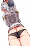  ass beret black_panties blush butt_crack commentary_request cowboy_shot dutch_angle epaulettes facing_away frilled_sleeves frills from_behind gloves hair_ribbon hat highres kantai_collection kashima_(kantai_collection) legs_together long_sleeves lowleg lowleg_panties medium_hair military no_pants panties ribbon sakurayume_kome shiny shiny_skin silver_hair simple_background solo standing sweat two_side_up underwear white_background white_gloves 