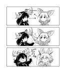  :3 animal_ears antlers bow bowtie closed_mouth comic directional_arrow extra_ears eyebrows_visible_through_hair fennec_(kemono_friends) flying_sweatdrops fox_ears fur_trim greyscale hand_on_another's_head kemono_friends long_hair looking_at_another monochrome moose_(kemono_friends) moose_ears multiple_girls open_mouth puffy_short_sleeves puffy_sleeves rumenia_(ao2is) scarf short_hair short_sleeves silent_comic speed_lines sweatdrop sweater touching translation_request 