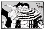  2boys age_difference blood charlotte_katakuri fangs grabbing injury monkey_d_luffy multiple_boys muscle one_piece scar serious short_hair simple_background smile standing tattoo 