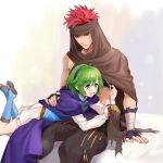  1girl blue_eyes cape commentary fingerless_gloves fire_emblem fire_emblem:_rekka_no_ken gloves green_hair hairband holding_needle jaffar_(fire_emblem) needle nino_(fire_emblem) oshiri_(12764076) red_eyes red_hair sewing sewing_needle short_hair smile thread 