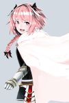  :d absurdres astolfo_(fate) bangs black_bow black_dress bow braid cloak commentary cowboy_shot dress fang fate/apocrypha fate_(series) faulds from_side fur-trimmed_cloak fur_collar gauntlets grey_background hair_bow hair_intakes highres long_hair long_sleeves looking_at_viewer looking_to_the_side male_focus multicolored_hair nan_(nan_toka15) open_mouth otoko_no_ko pink_hair purple_eyes shiny shiny_hair short_dress simple_background single_braid smile solo standing streaked_hair two-tone_hair white_cloak white_hair 