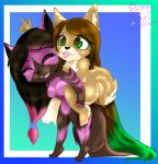  2018 anthro black_nose blep brown_fur brown_hair brown_pupils canine carrying cute digital_media_(artwork) eyebrows eyelashes female fluffy fluffy_tail fur green_eyes green_hair hair hair_tie inner_ear_fluff long_hair mammal open_mouth piggyback pink_fur pink_hair pointing pommieprincess signature tongue tongue_out vera_(voidrunner) zayla_(pommieprincess) 