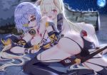  2girls animal_ears ass blonde_hair blush breasts cleavage elbow_gloves fang g41_(girls_frontline) gatari girls_frontline gloves gun night nude red_eyes short_hair sky sunglasses tagme_(character) thighhighs torn_clothes underboob weapon wink 
