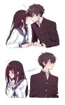  1girl bangs black_hair blunt_bangs chitanda_eru commentary embarrassed gakuran hetero hyouka imminent_kiss long_hair mery_(apfl0515) messy_hair oreki_houtarou school_uniform serafuku short_hair upper_body 