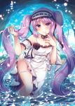  black_sclera cave dress euryale fate/grand_order fate/hollow_ataraxia fate_(series) hairband headdress highres lolita_hairband long_hair petals purple_eyes purple_hair solo standing suzune_rena twintails very_long_hair wading white_dress 