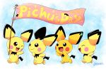  2018 ambiguous_gender banner black_nose brown_eyes english_text eyes_closed group harara hi_res holding_object nintendo one_eye_closed open_mouth open_smile pichu pink_cheeks pok&eacute;ball pok&eacute;mon pok&eacute;mon_(species) red_cheeks shiny_pok&eacute;mon smile sparkles text video_games walking wink yellow_body 