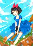  :o bird black_cat black_hair blue_dress blue_sky boat breasts broom broom_riding brown_eyes cat chimney cloud cloudy_sky day dress dutch_angle eyelashes fangs flying hair_ribbon highres house jiji_(majo_no_takkyuubin) kiki lamppost larienne leaf lens_flare majo_no_takkyuubin ocean outdoors paper petals red_ribbon ribbon sailboat scared shoes short_dress short_hair short_sleeves sitting sky small_breasts smile sunlight tail telephone_pole watercraft witch 