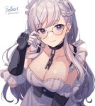  adjusting_eyewear apron arm_guards azur_lane bangs belfast_(azur_lane) bespectacled blue_eyes blurry blush braid breasts chain character_name cleavage closed_mouth collar collarbone corset depth_of_field elbow_gloves eyebrows_visible_through_hair french_braid from_above glasses gloves grey-framed_eyewear large_breasts long_hair looking_at_viewer looking_up maid_headdress semi-rimless_eyewear silver_hair simple_background smile solo turret twitter_username under-rim_eyewear upper_body very_long_hair veryberry00 white_apron white_background white_gloves 